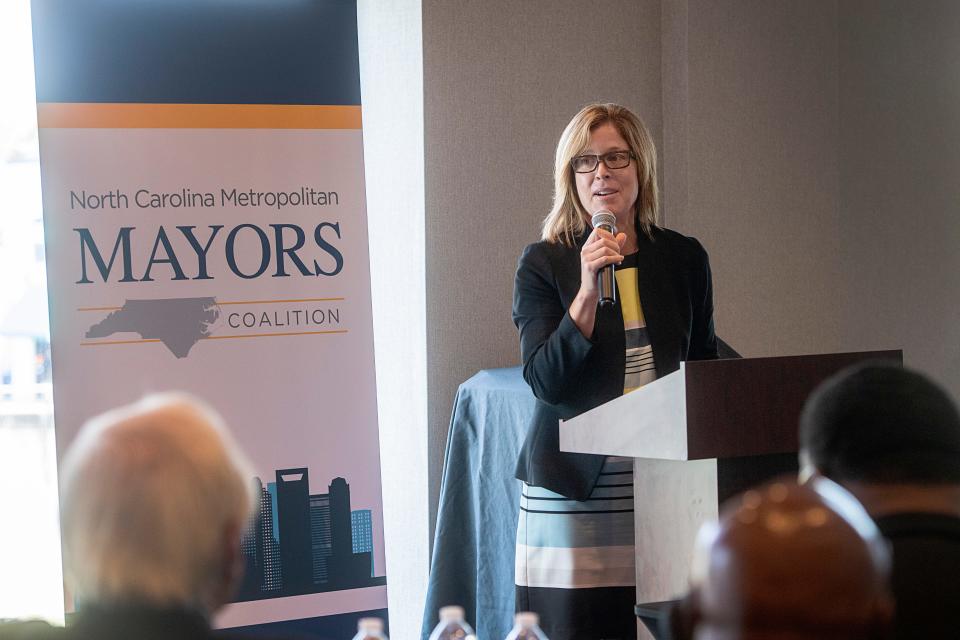 Mayor Esther Manheimer addresses the room during a Sept. 20 meeting of Rail Response, a project of the N.C. Metro Mayor Coalition, on the Intercity Passenger Rail.