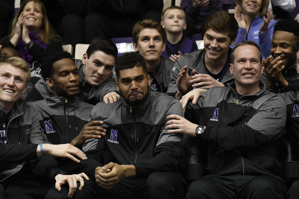 EVANSTON, IL- MARCH 12: The Northwestern Wildcats react after being selected to play Vanderbilt during a NCAA Division I Men's Basketball Tournament Selection Show watch party. This is the first time that Northwestern Men's Basketball team has been selected  to play in the NCAA Tournament on March 12, 2017 at Welsh-Ryan Arena in Evanston, Illinois. (Photo by David Banks/Getty Images) *** Local Caption ***