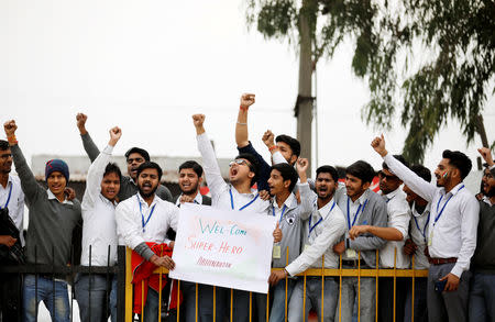 People shout slogans before the arrival of the Indian Air Force pilot, who was captured by Pakistan on Wednesday, near Wagah border, on the outskirts of Amritsar, March 1, 2019. REUTERS/Danish Siddiqui