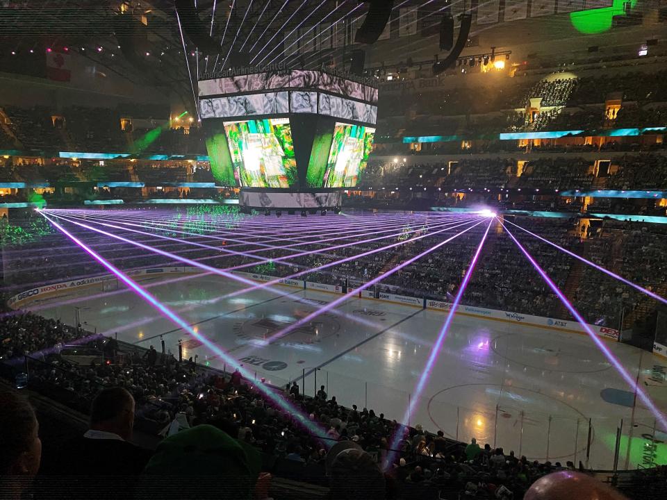 Even hockey games today have the feel of a rock concert, with high-energy music and light effects, seen at American Airlines Center in Dallas. The hometown Stars played the Calgary Flames in Game 4 Monday night.