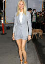 Celebrities in pastel fashion: Gwyneth Paltrow looked stylish in a pastel blue striped suit.<br><br>© Rex