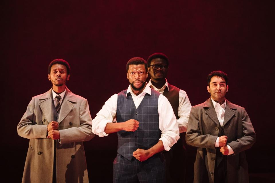 L-R Ntsikelelo Nicholas Vani, Michael Luwoye, Akmed Junior Khemalai and Shiv Rabheru in Mandela at Young Vic (Helen Murray)