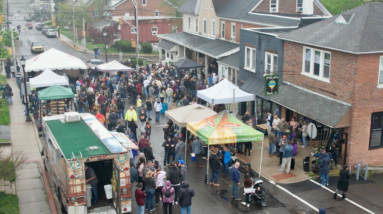 An aerial view of West Walnut Street in Perkasie during last year's PorchFest held Saturday, April 29, 2023.