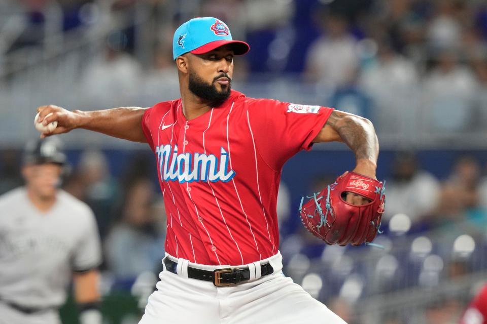 Miami Marlins starting pitcher Sandy Alcantara aims a pitch during the first inning of a baseball game against the New York Yankees, Saturday, Aug. 12, 2023, in Miami. (AP Photo/Marta Lavandier)