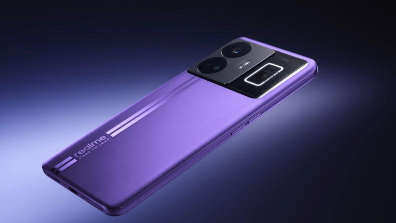A GT Neo 5 phone with the backplate showing two camera lenses and the realme dare to leap logo