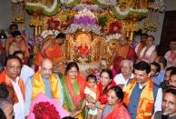 <p>Amit Shah, Devendra Fadnavis at Siddhivinayak Temple. </p>