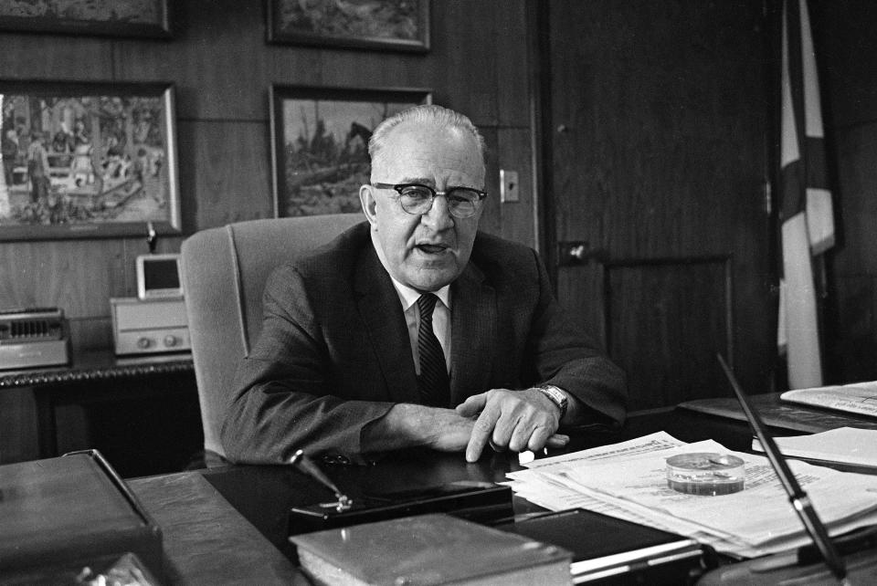 Eugene "Bull" Connor, police commissioner of Birmingham, Ala., is interviewed during racial demonstrations, May 3, 1963.