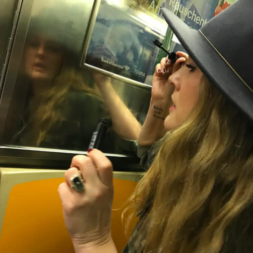 <p>The actress put the finishing touches on her eye makeup while riding the NYC subway: “#commuterbeauty for all us girls on the go.” (Photo: <a rel="nofollow noopener" href="https://www.instagram.com/p/BU1Tl44h1uF/" target="_blank" data-ylk="slk:Drew Barrymore via Instagram;elm:context_link;itc:0;sec:content-canvas" class="link ">Drew Barrymore via Instagram</a>) </p>