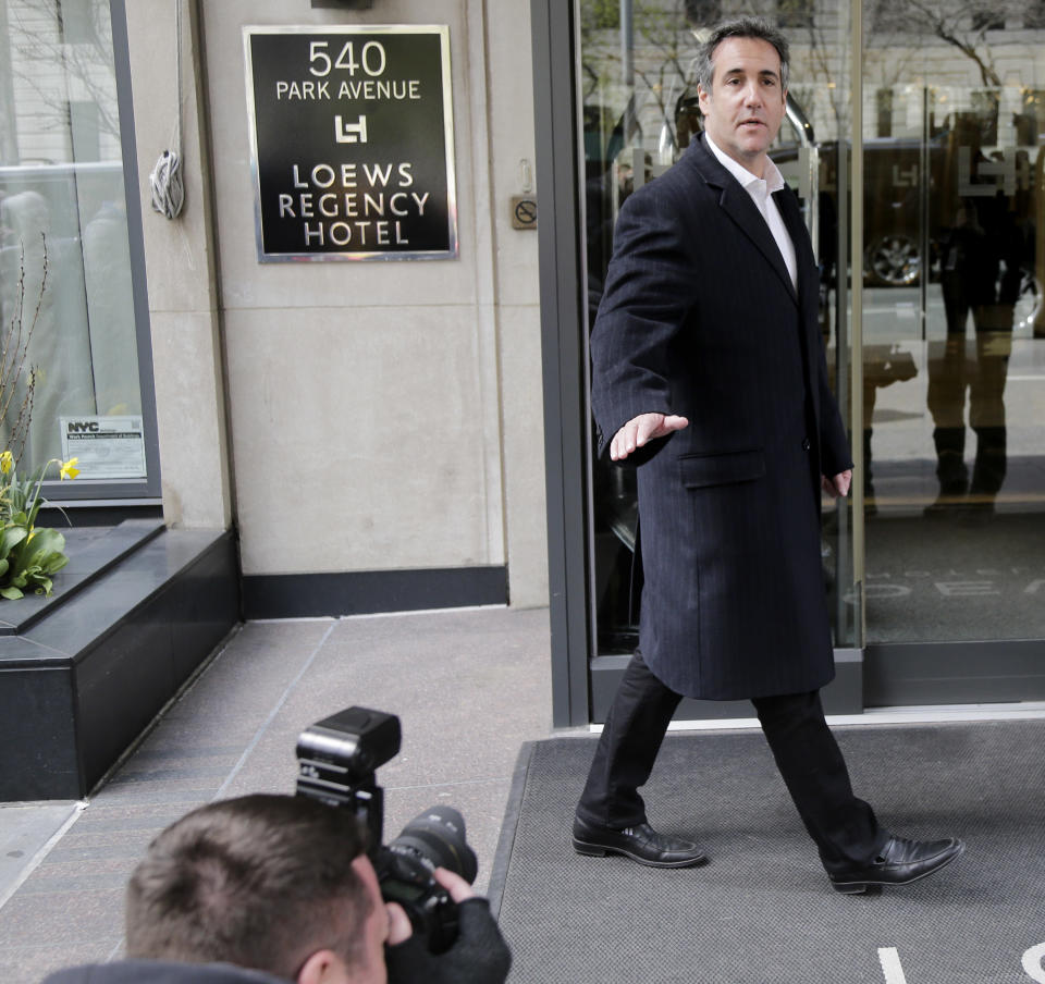 Michael Cohen arrives at his hotel in New York, April 11, 2018. (Photo: Seth Wenig/AP)