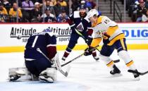 Jan 21, 2019; Denver, CO, USA; Colorado Avalanche goaltender Semyon Varlamov (1) makes a save on an attempt by Nashville Predators right wing Craig Smith (15) in the third period at the Pepsi Center. Mandatory Credit: Ron Chenoy-USA TODAY Sports