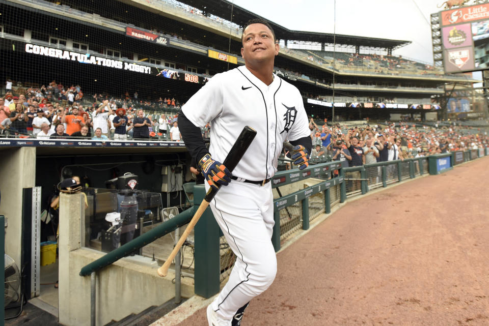 FILE - Detroit Tigers' Miguel Cabrera leaves the dugout to acknowledge the crowd as he is honored for his recent 500th career home run in the first inning of a baseball game against the Toronto Blue Jays, Aug. 27, 2021, in Detroit. Cabrera, one of the greatest hitters of all time, is retiring after the Tigers wrap up their season Sunday, Oct. 1, 2023, and baseball’s last Triple Crown winner is leaving a lasting legacy in the game and his native Venezuela. (AP Photo/Jose Juarez, File)