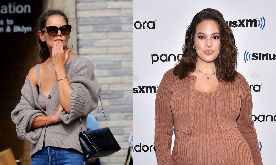 Katie Holmes and Ashley Graham wear neutral cardigan sets. (Credit: Backgrid/Getty Images)