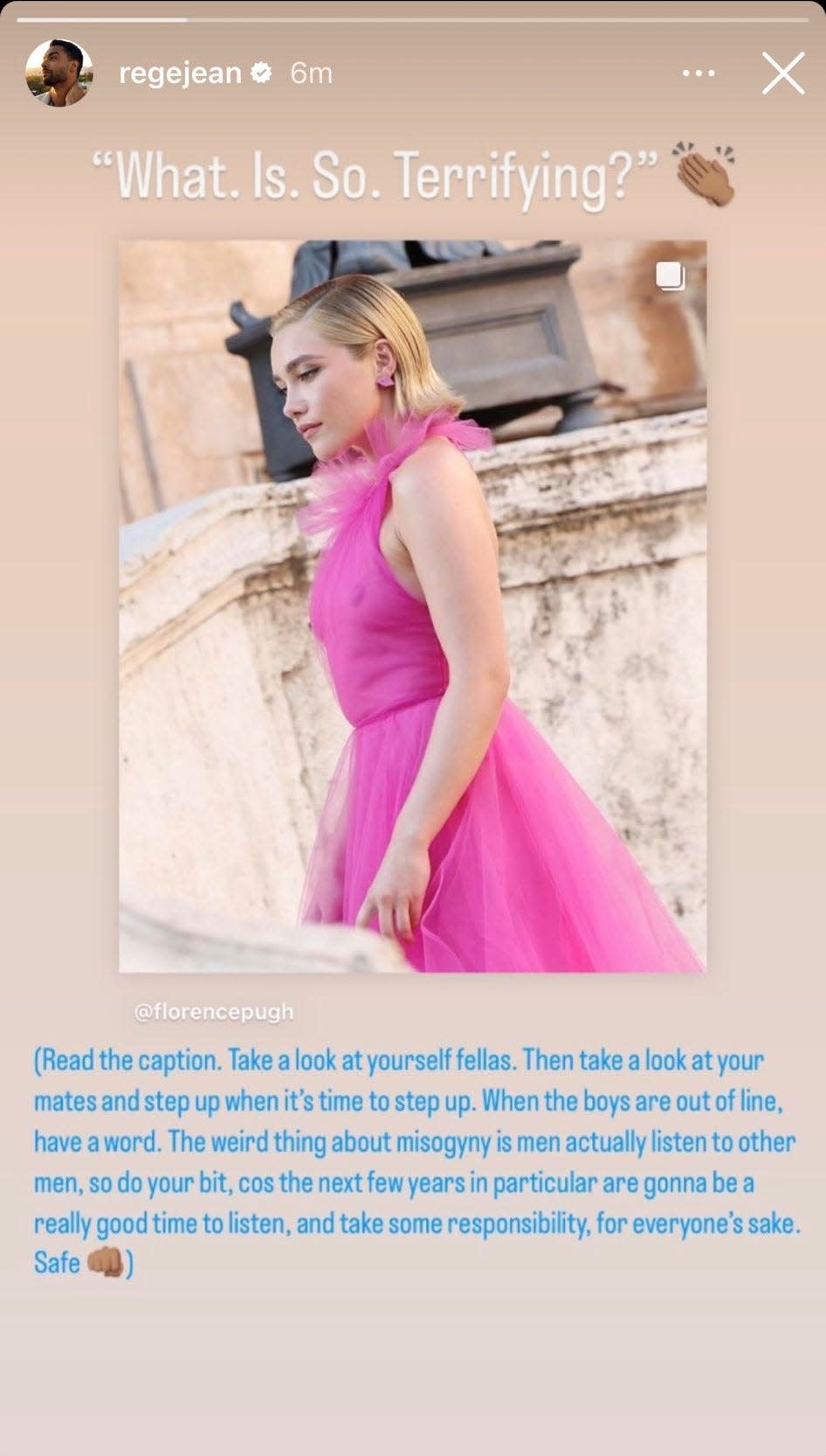 A screenshot of Regé-Jean Page's Instagram story about Florence Pugh.