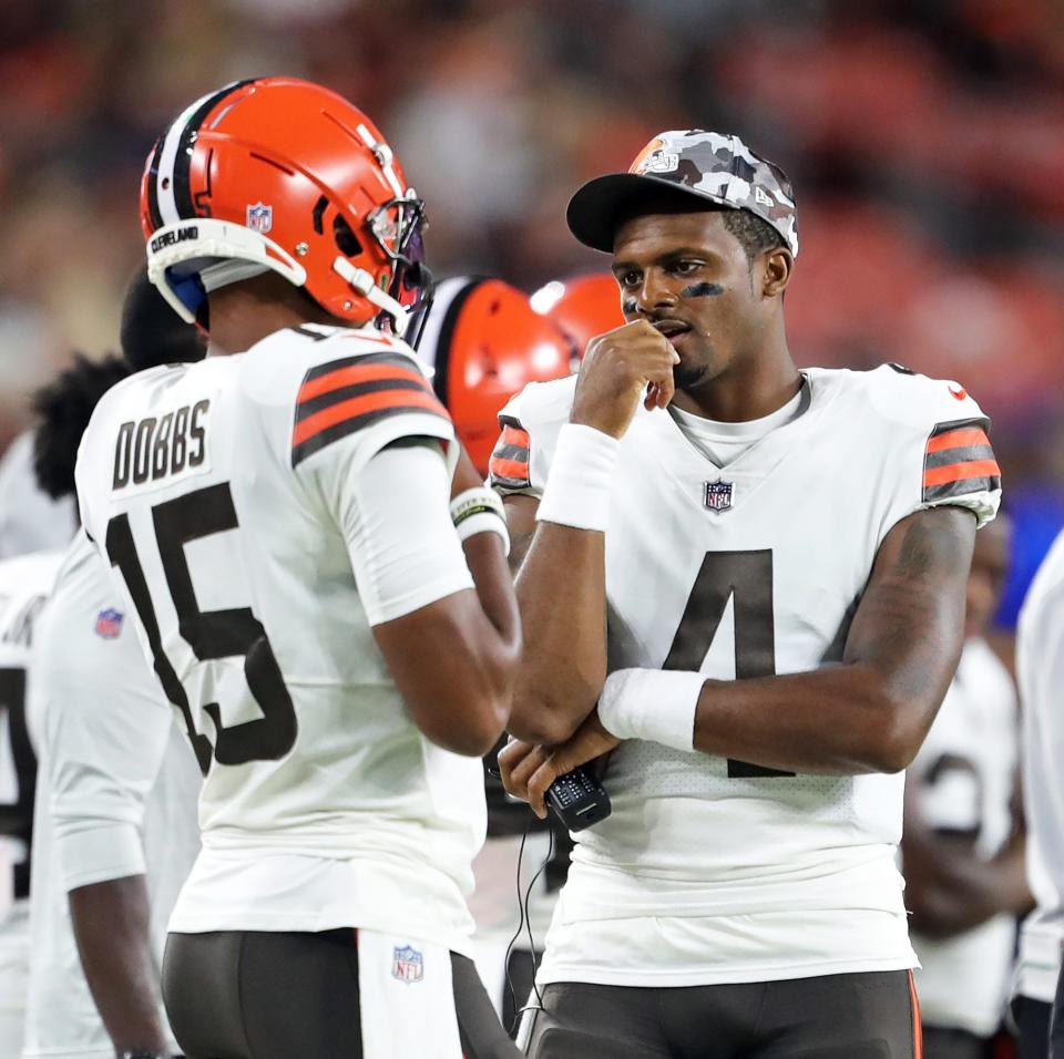 QBs Deshaun Watson and Joshua Dobbs (15) were briefly Browns teammates in 2023.