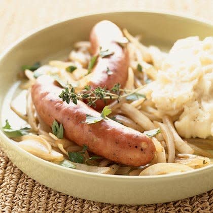 Roasted Sausages with Beer-braised Onions