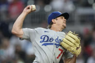 Los Angeles Dodgers starting pitcher Gavin Stone (71) works against the Atlanta Braves in the first inning of a baseball game, Monday, May 22, 2023, in Atlanta. (AP Photo/John Bazemore)