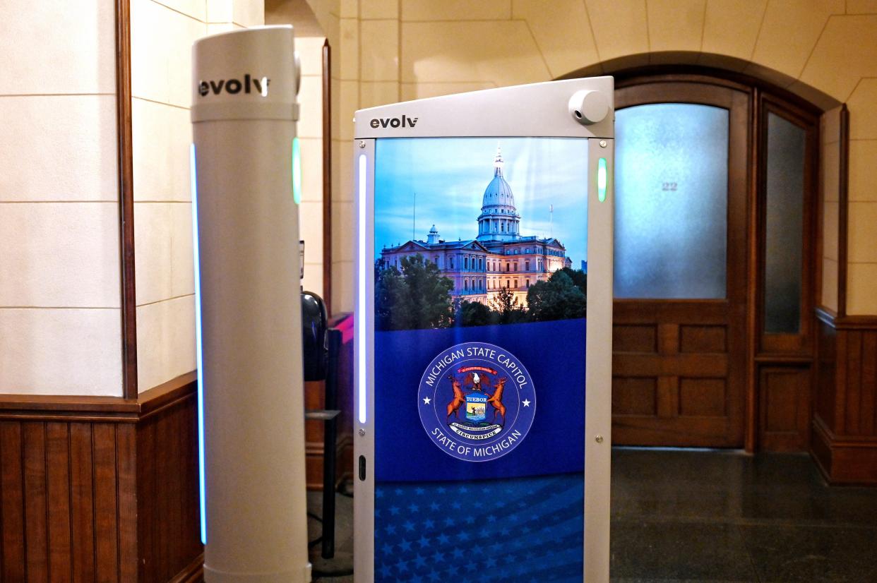 A metal detector at the east entrance inside the Capitol on Tuesday, Aug. 8, 2023, in Lansing.