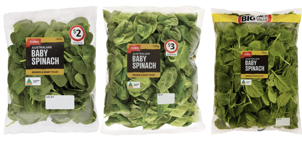 The recalled bags of Coles baby spinach. Source: Coles