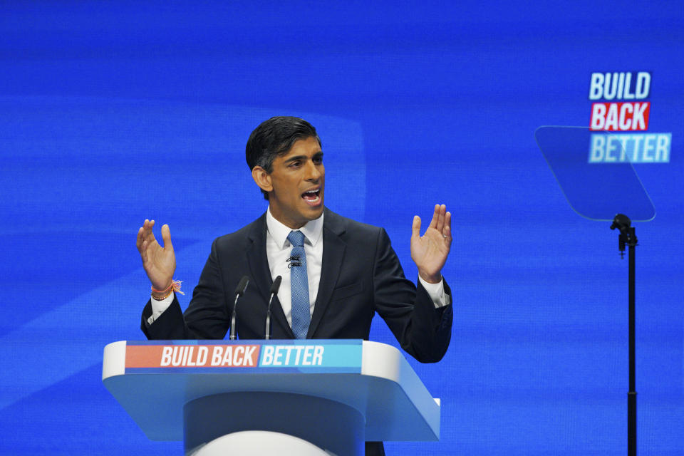 Britain's Chancellor of the Exchequer Rishi Sunak speaks during the Conservative Party Conference in Manchester, England, Monday, Oct. 4, 2021. (Peter Byrne/PA via AP)