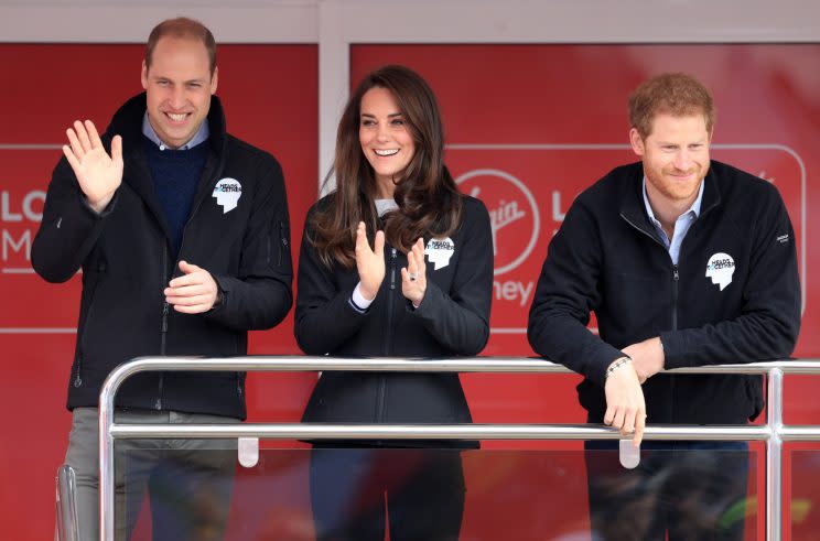 <i>Kate, William and Harry officially started the 2017 London Marathon [Photo: PA]</i>