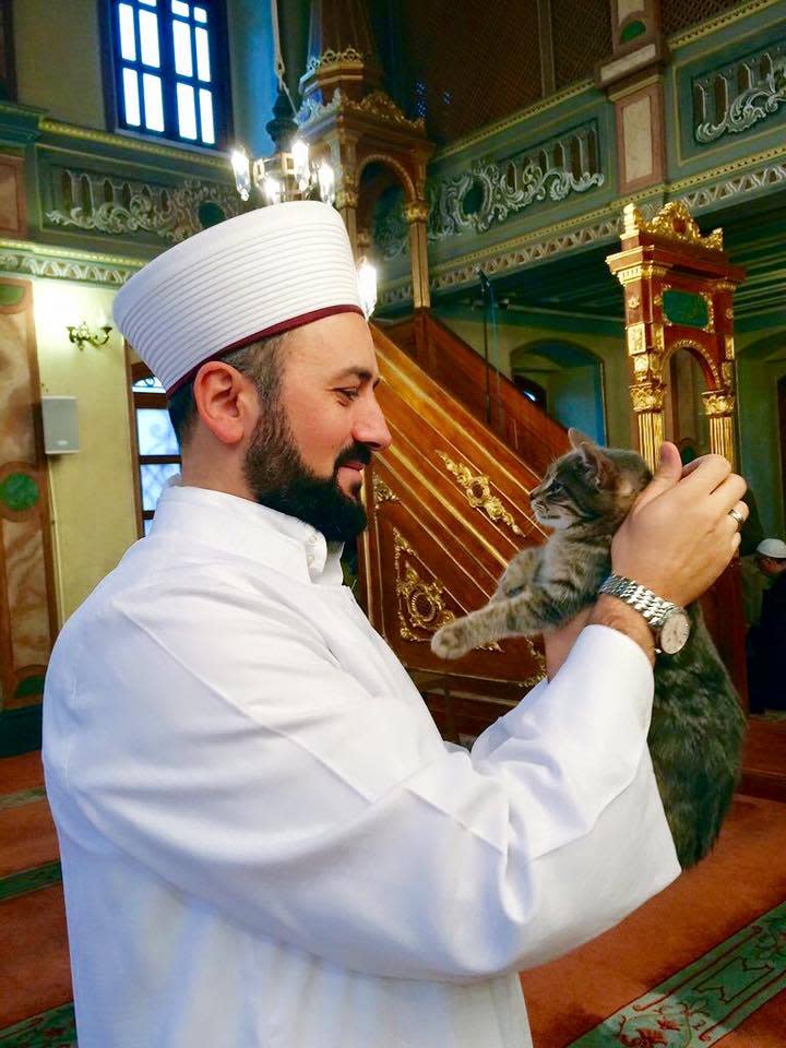 Imam Mustafa Efe is seen holding a stray cat in the Aziz Mahmud Hüdayi Mosque in Istanbul, Turkey. [Mustafa Efe/Facebook]