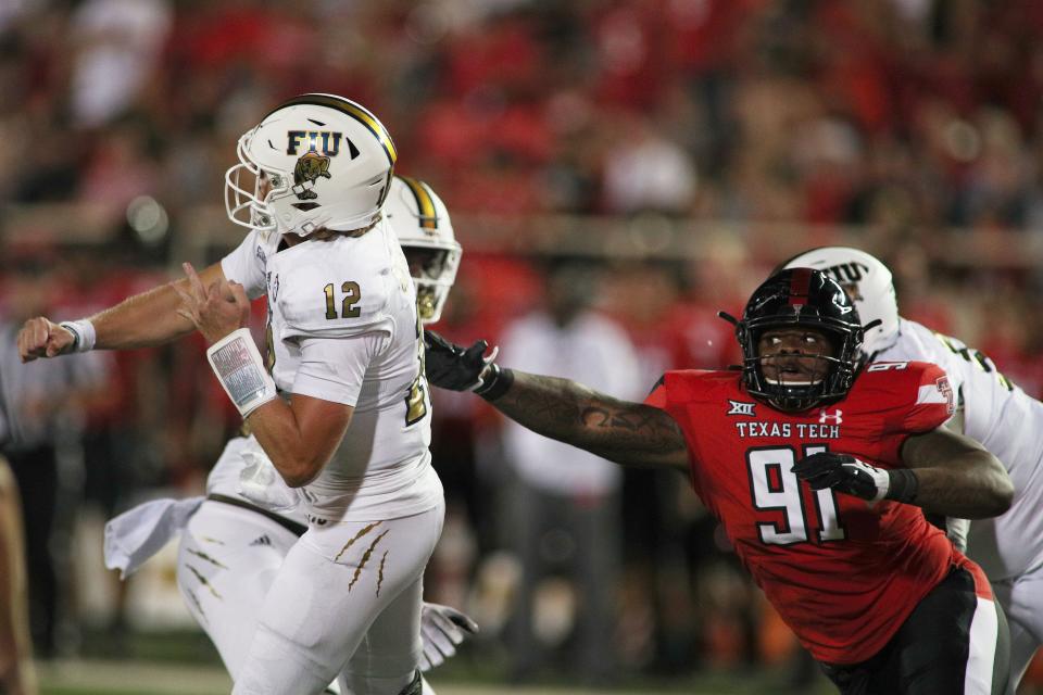 Former Texas State defensive lineman Nelson Mbanasor, right, played just one season with Texas State after transferring but led the Bobcats in sacks last season. He signed with the Tampa Bay Buccaneers as an undrafted free agent last weekend.