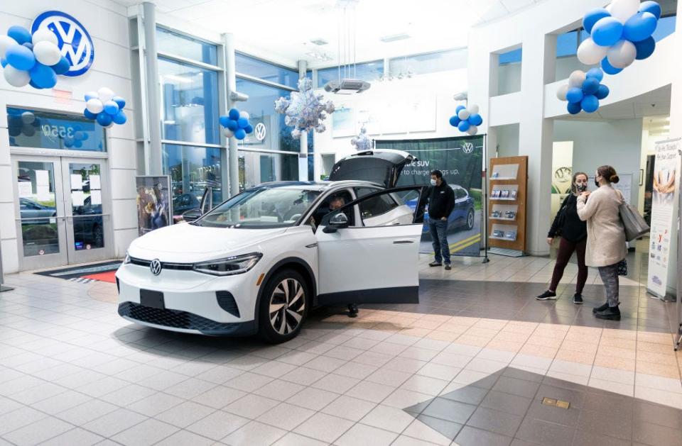 A Volkswagen ID.4 electric car on display at a VW dealership