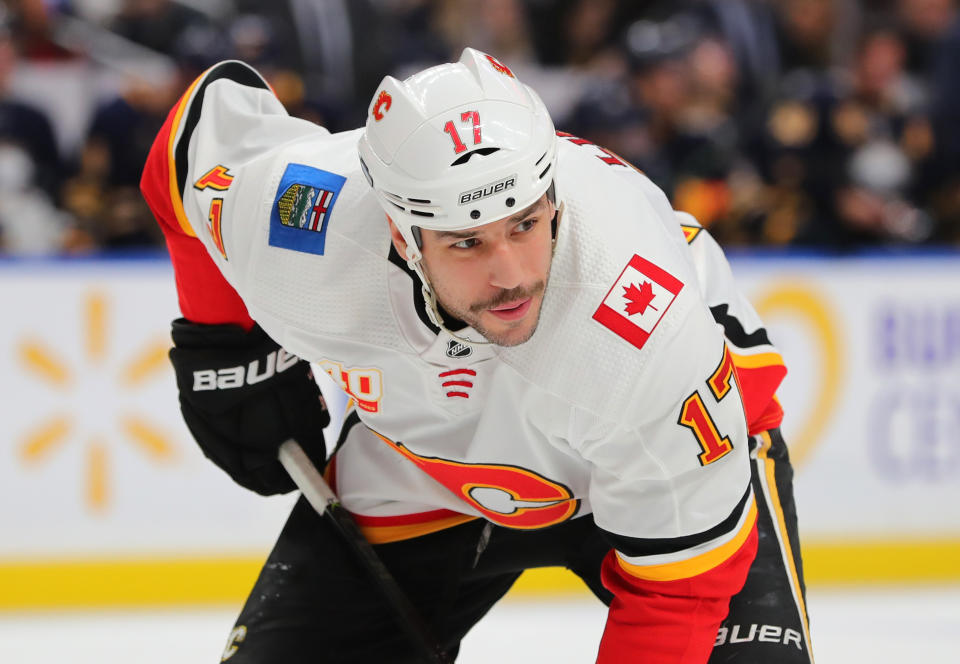 Nov 27, 2019; Buffalo, NY, USA; Calgary Flames left wing Milan Lucic (17) against the Buffalo Sabres at KeyBank Center. Mandatory Credit: Timothy T. Ludwig-USA TODAY Sports