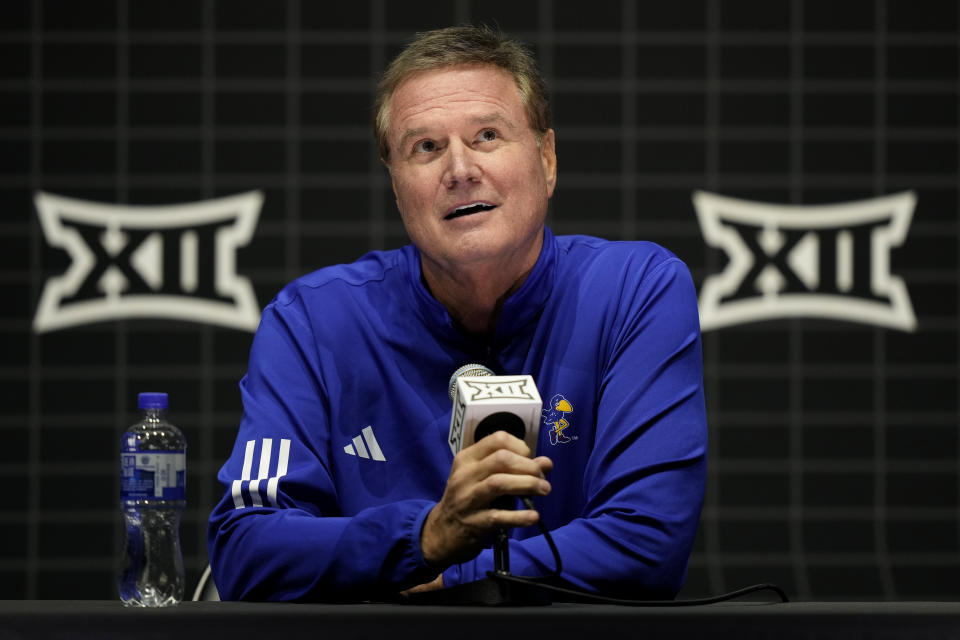 Kansas coach Bill Self speaks to the media during the NCAA college Big 12 men's basketball media day Wednesday, Oct. 18, 2023, in Kansas City, Mo. (AP Photo/Charlie Riedel)