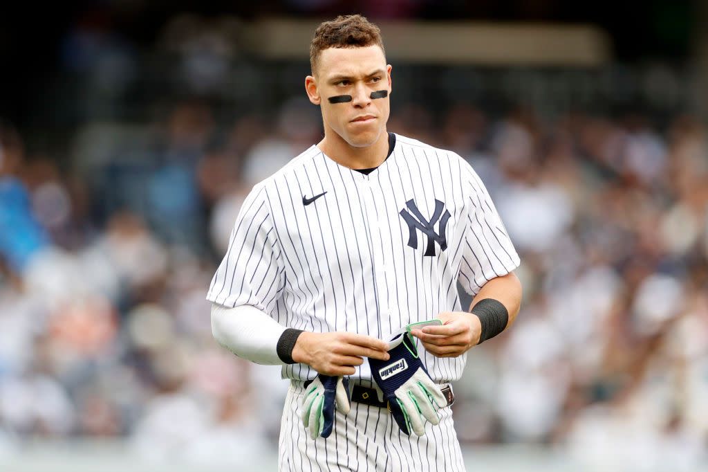 Aaron Judge #99 of the New York Yankees looks on during the second inning against the Baltimore Orioles at Yankee Stadium on October 01, 2022 in the Bronx borough of New York City.