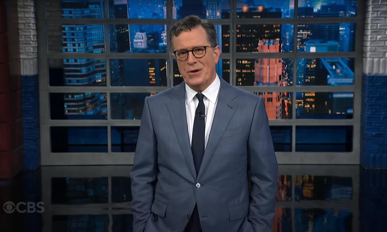 <span>Stephen Colbert on JD Vance’s style on the stump: ‘Like a groom who invited only co-workers to his bachelor party’.</span><span>Photograph: Youtube</span>