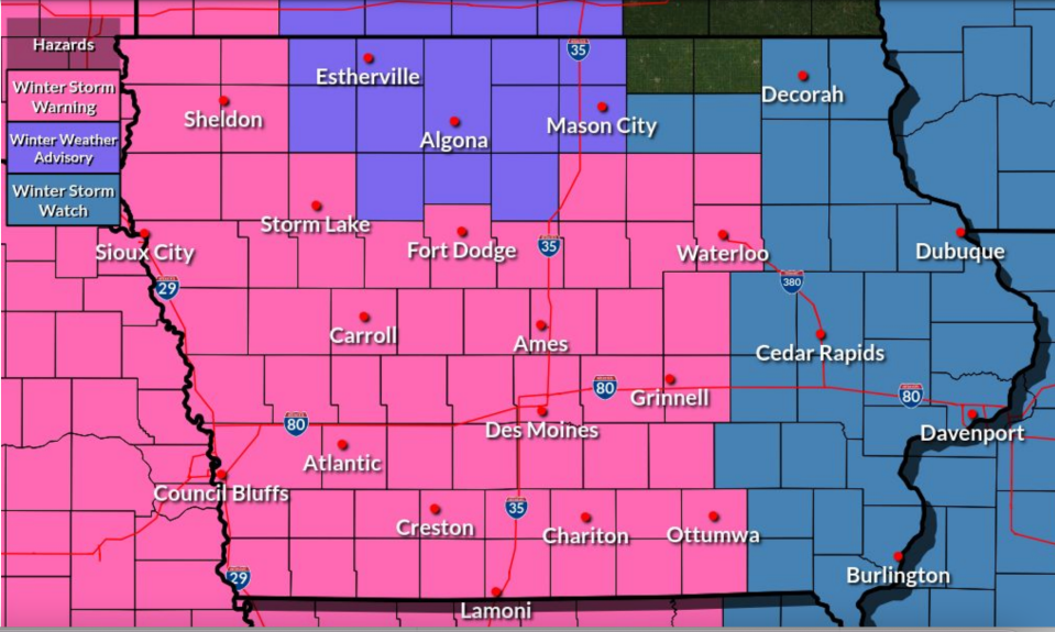 Winter weather warnings (pink) and watches (blue) have been issued for much of Iowa starting on Monday, Jan. 8, 2024.