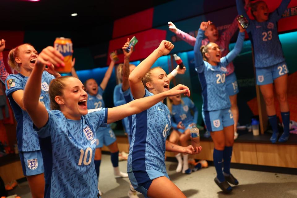 The celebrations continued when the Lionesses reached the dressing room (The FA via Getty Images)