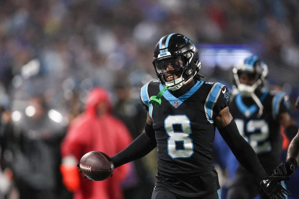 Carolina Panthers cornerback Jaycee Horn celebrates a pick-six in the end zone on Thursday, November 10, 2022.