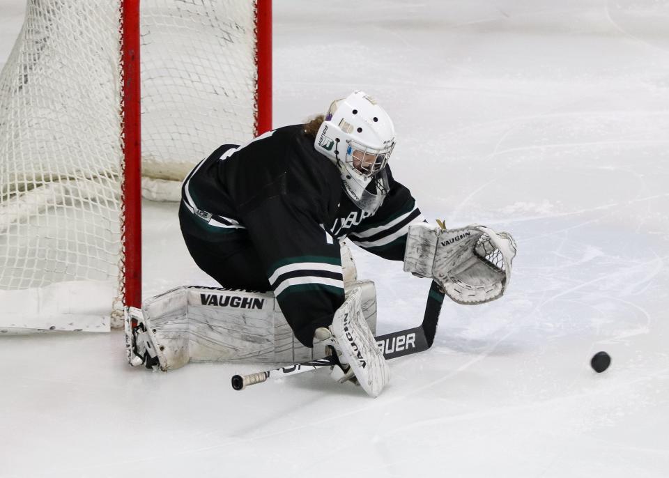 Duxbury's Anna McGinty makes the save during a game at Hobomock Arena in Pembroke on Wednesday, Jan. 24, 2024.