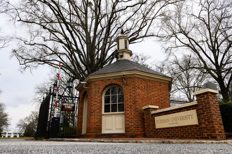 The entrance to Furman University Friday, Feb. 26, 2021.