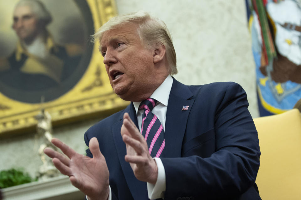 President Donald Trump speaks during a meeting with Paraguay's President Mario Abdo Benitez in the Oval Office of the White House, Friday, Dec. 13, 2019, in Washington. (AP Photo/ Evan Vucci)