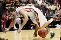 NASHVILLE, TN - MARCH 16: Luke Loucks #3 of the Florida State Seminoles and Chris Johnson #23 of the St. Bonaventure Bonnies dive for a loose ball during the second round of the 2012 NCAA Men's Basketball Tournament at Bridgestone Arena on March 16, 2012 in Nashville, Tennessee. (Photo by Kevin C. Cox/Getty Images)