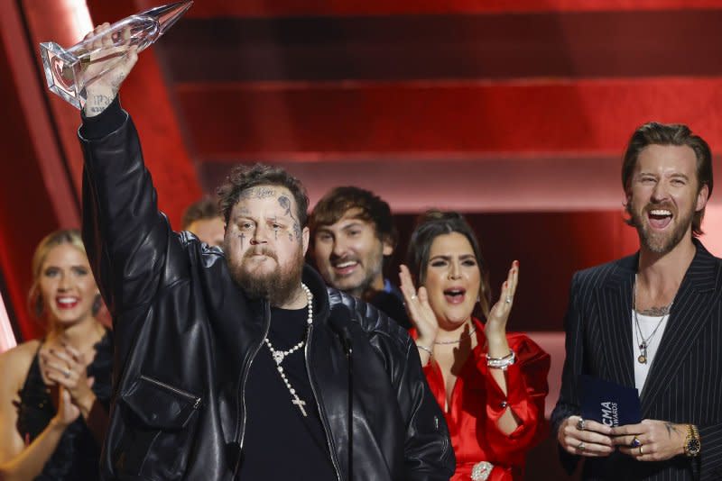 Jelly Roll wins New Artist of the Year during the 57th Annual CMA Awards at Bridgestone Arena in Nashville on Wednesday. Photo by John Angelillo/UPI