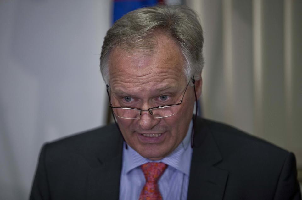 European Commission Director for the Americas Christian Leffler, speaks during a press conference in Havana, Cuba, Wednesday, April 30, 2014. Cuba and the European Union have agreed to continue the negotiations to normalize relations between the island nation and the European Union. (AP Photo/Franklin Reyes)