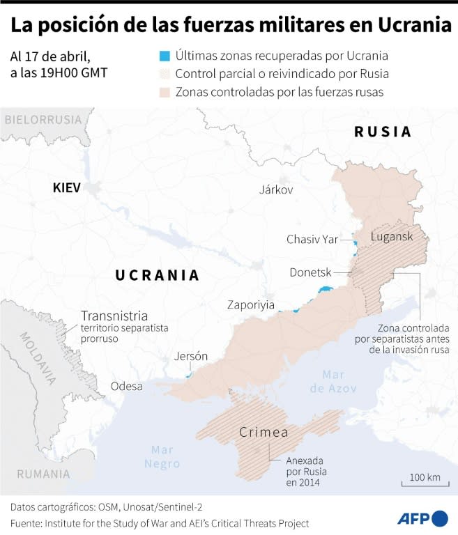 Mapa de Ucrania mostrando las áreas controladas por las fuerzas ucranianas y rusas, al 17 de abril de 2024 a las 19H00 GMT (Cléa Peculier, Sophie Ramis, Valentin Rakovsky)