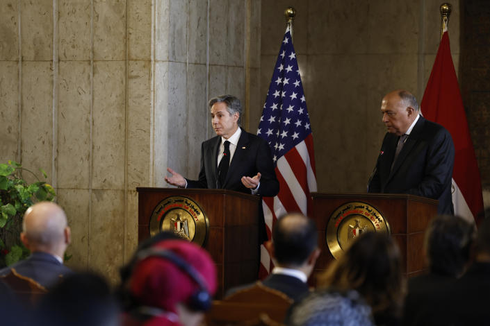 U.S. Secretary of State Antony Blinken, left, and Egyptian Foreign Minister Sameh Shoukry hold a press conference in Cairo, Egypt, Monday Jan. 30, 2023. (Khaled Desouki/Pool via AP)