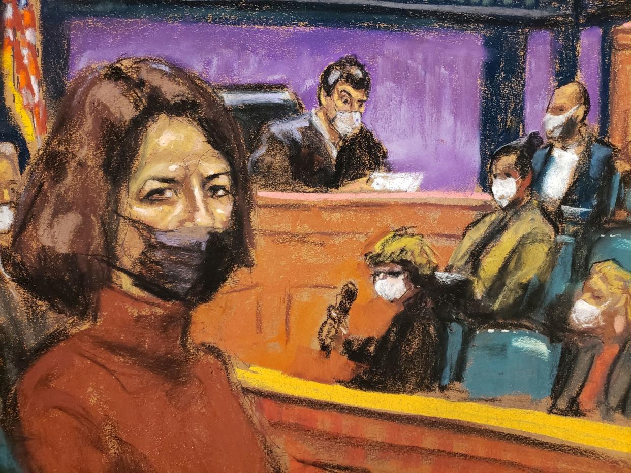 Ghislaine Maxwell sits as the guilty verdict in her sex abuse trial is read in a courtroom sketch in New York City, Dec. 29, 2021. (Jane Rosenberg/Reuters)
