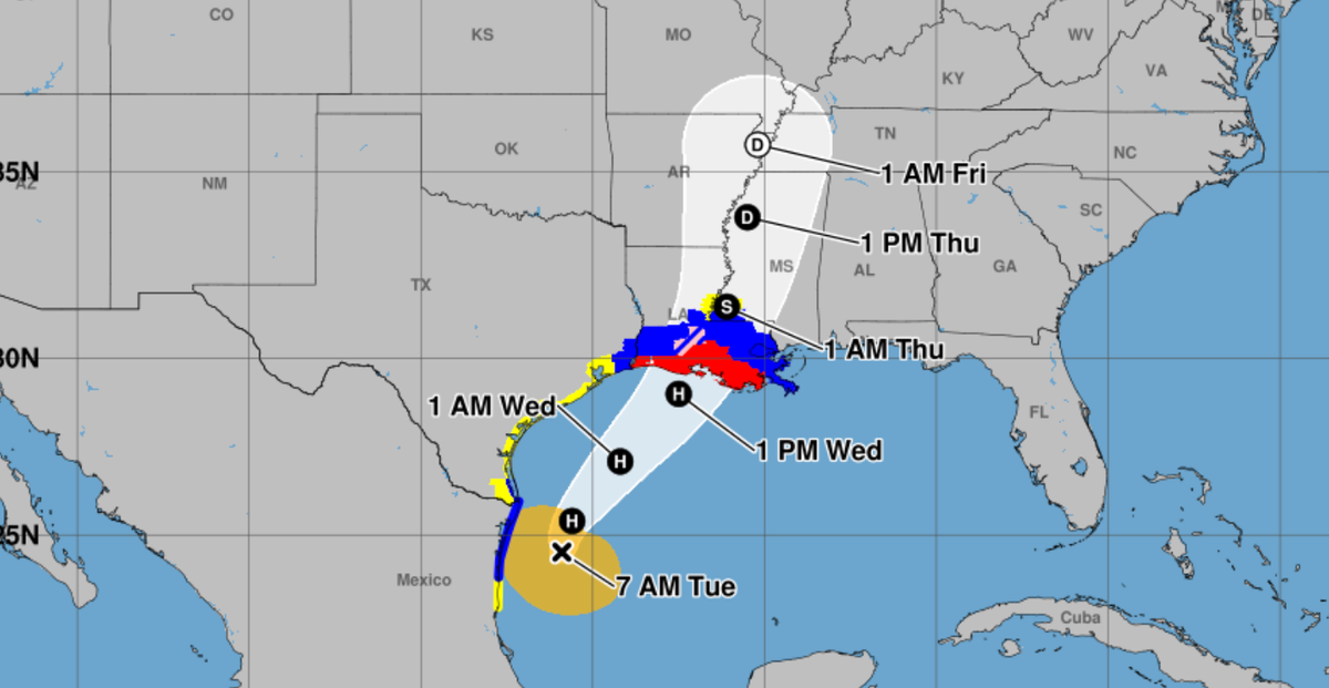 A map shows the forecast path of Tropical Storm Francine. The cyclone is moving north near the Gulf Coast, according to the National Weather Service. The agency says it is forecast to strengthen into a hurricane on Tuesday (NOAA/NHC)