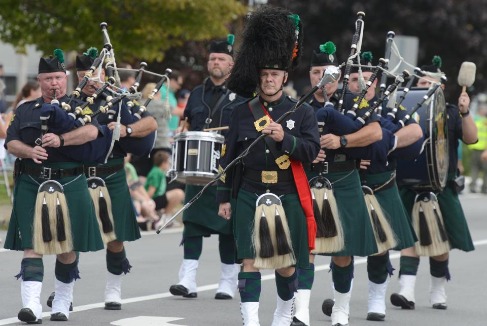 Members of the Irish American Police Officers Association Pipes and Drum group, seen here in 2021, will again be among the at least 16 bands expected Saturday to be part of a two-hour Cape Cod St. Patrick's Parade down Route 28 in Yarmouth.