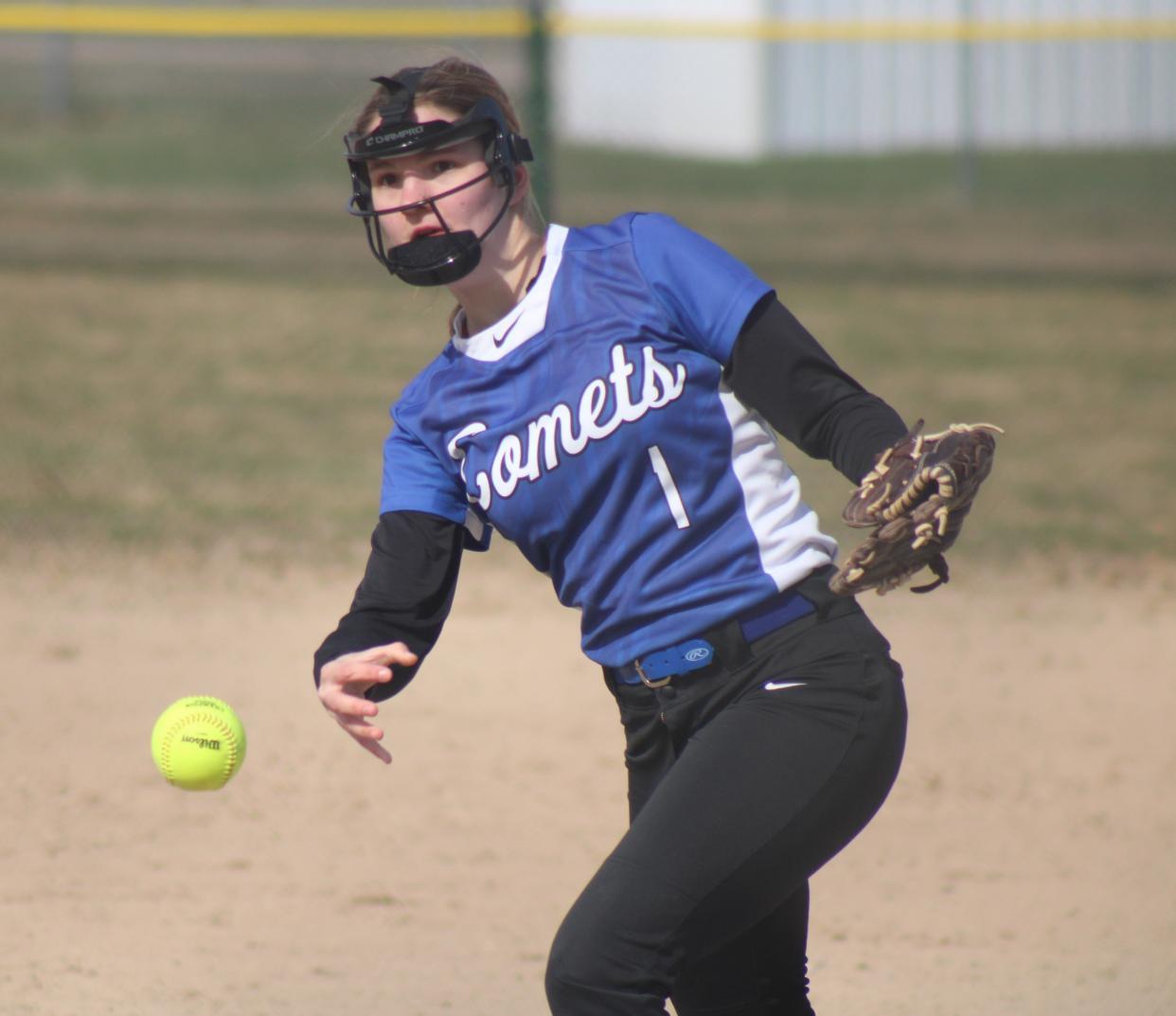 Vanessa Groenewoud and Mackinaw City softball split with Wolverine on Monday.