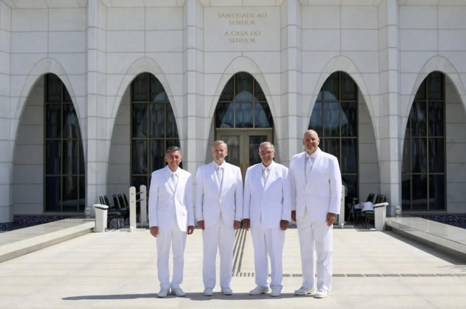 Elders Adilson de Paula Parrella, Kevin R. Duncan, Neil L. Andersen and Mark D. Eddy pose after dedicating the Brasília Brazil Temple.