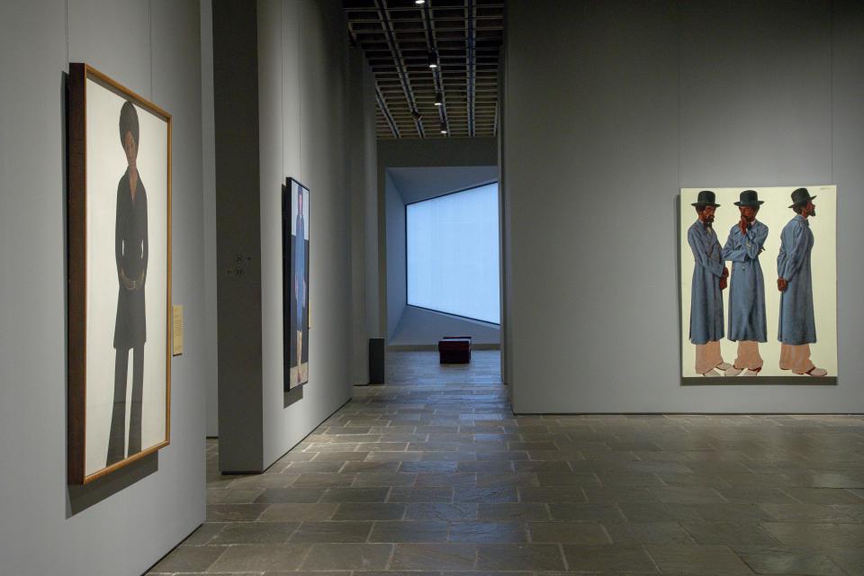 Artworks from the Barkley L. Hendricks exhibition are displayed on Monday, Sept. 18, 2023 at The Frick Madison in New York. Hendricks, who died in 2017, is the first artist of color to have a solo exhibit at the Frick. “Barkley L. Hendricks: Portraits at the Frick” is open now through Jan. 7, 2024. (Photo by Andy Kropa/Invision/AP)