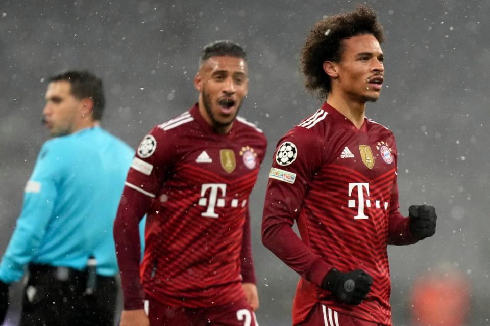 Leroy Sane (right) celebrates scoring Bayern Munich’s second goal in their 3-0 victory over Barcelona (Matthias Schrader/AP) (AP)