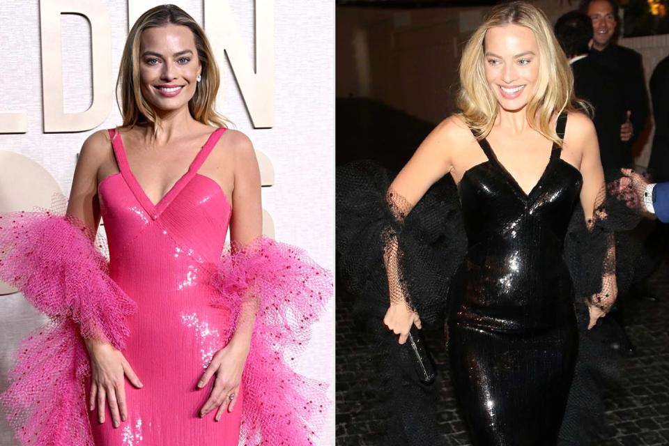 <p>Lionel Hahn/Getty Images; Roger / BACKGRID</p> Margot Robbie in Los Angeles during the 2024 Golden Globe Awards at the Beverly Hilton (L) and afterparty at Chateau Marmont on Jan. 7, 2024